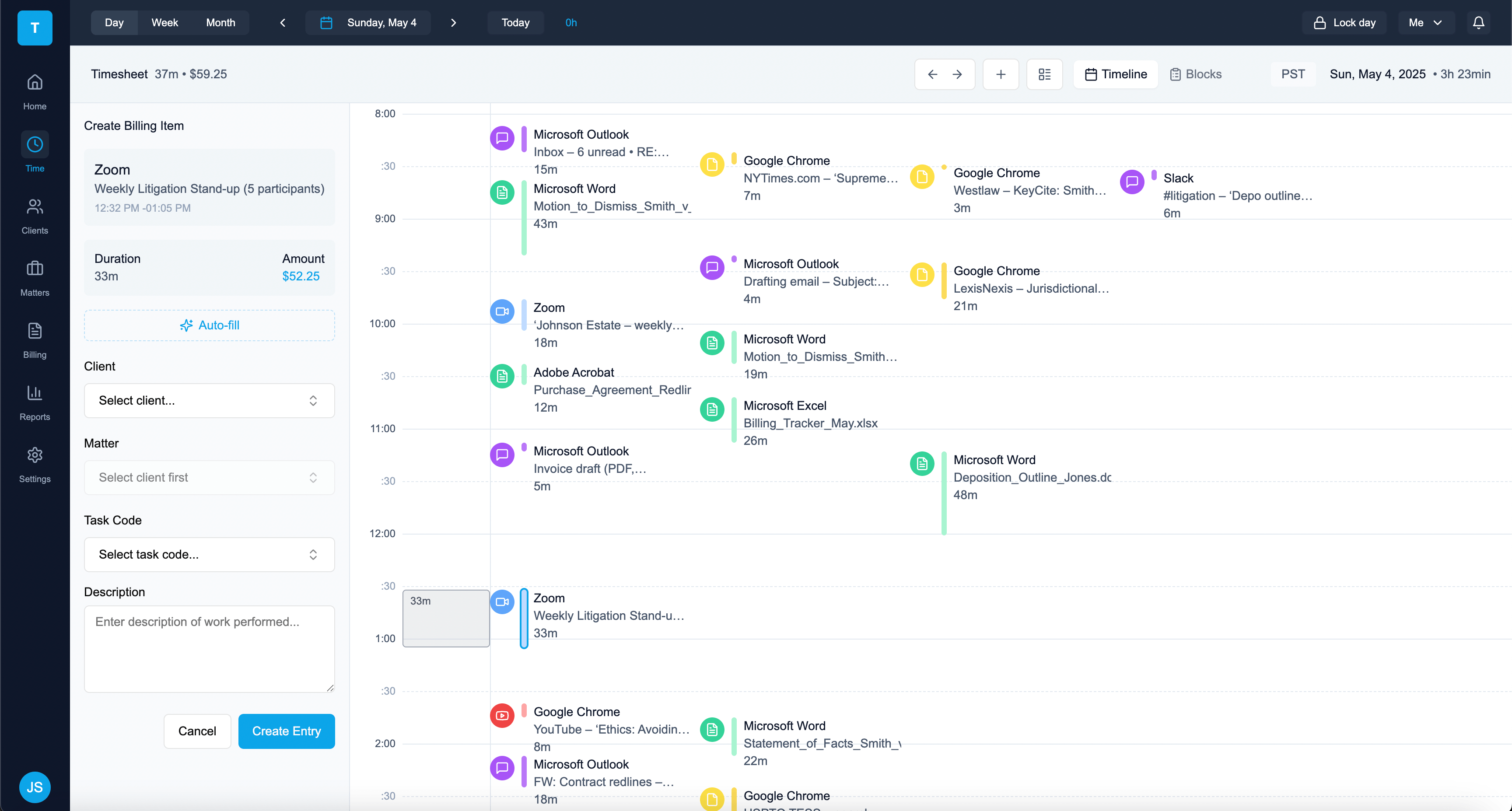 FirmTimer Dashboard showing granular time entries